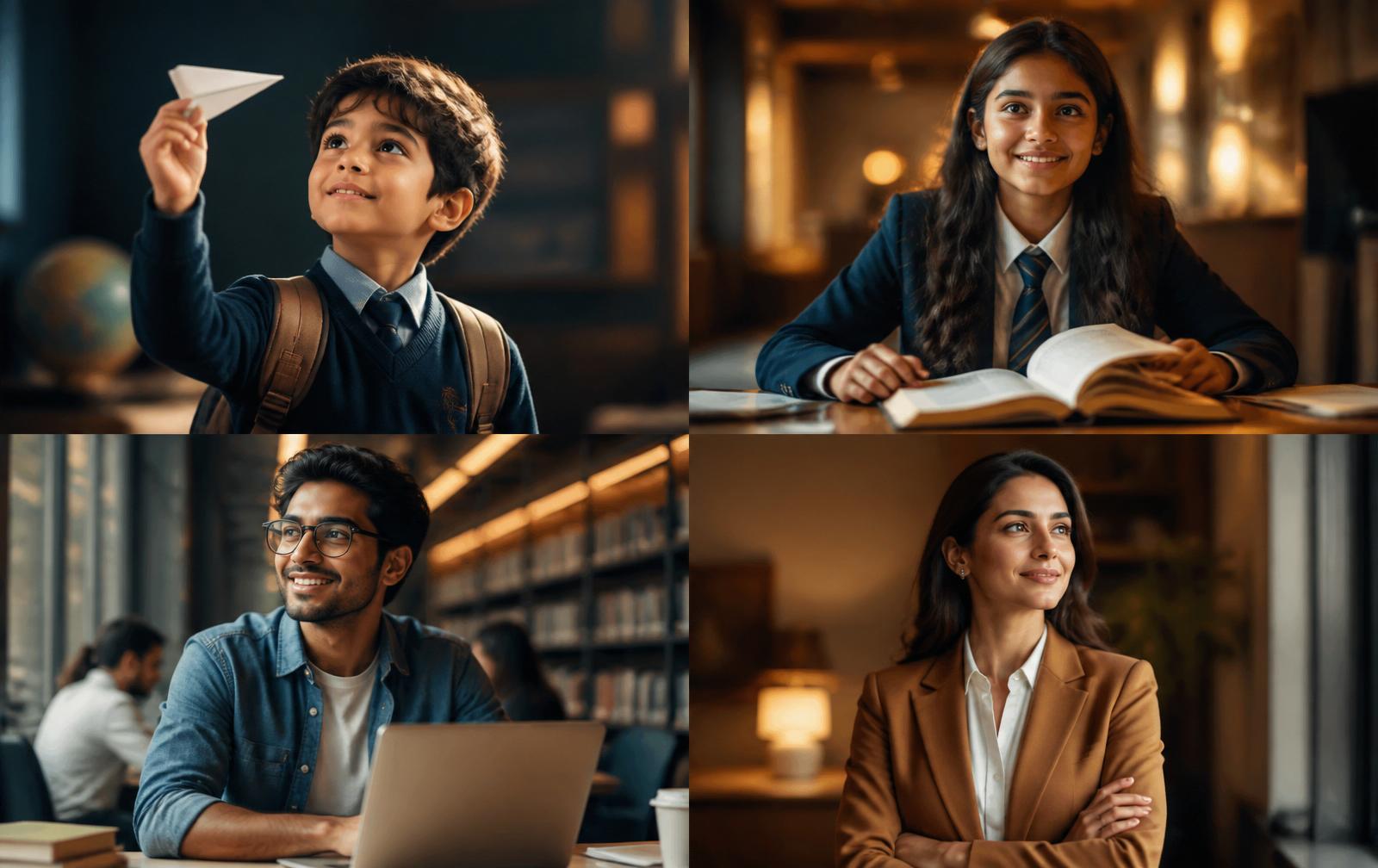 Four learners across life stages — primary, secondary, university and professional